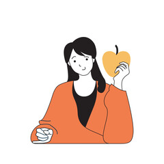 Aufkleber - Fitness concept with cartoon people in flat design for web. Woman follows to healthy diet with fresh foods for controlling weight. Vector illustration for social media banner, marketing material.