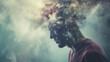 Man with cosmic cloud for a head, contemplating.