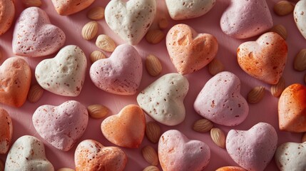 Wall Mural -  a bunch of heart shaped cookies sitting on top of a pink surface with nuts and almonds on top of the cookies and on top of the cookies is a pink surface.