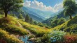  a painting of a mountain scene with a stream running through a meadow with wildflowers in the foreground and a blue sky with white clouds in the background.