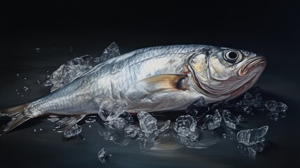  a fish that is sitting in the water with ice on it's bottom and a black background with a few pieces of ice on the bottom of the bottom of the fish.