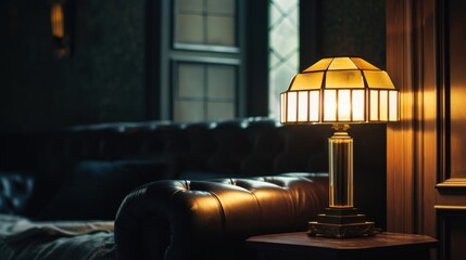 Poster -  a lamp sitting on top of a wooden table next to a black leather couch in a living room next to a lamp on top of a wooden table next to a black leather couch.