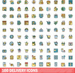 © ylivdesign - 100 delivery icons set. Color line set of delivery vector icons thin line color flat on white