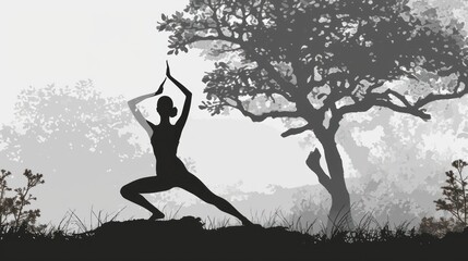 Poster -  a woman in a yoga pose in front of a tree with her arms up in the air in front of a foggy sky with a tree in the background.