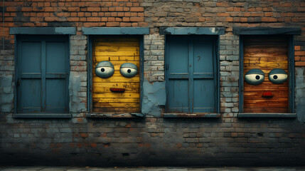 Wall Mural - Brick wall - boarded windows - given eyes to make them appear to be faces - quirky humor - offbeat charm 