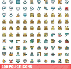 Sticker - 100 police icons set. Color line set of police vector icons thin line color flat on white