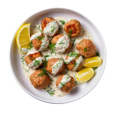 Wall Mural - Delicious Bowl of Salmon Meatballs with Lemon Dill Sauce Isolated on a Transparent Background 