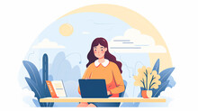 Simple Illustration Of A Woman Working On A Laptop In An Eco Friendly And Comfortable Space Created With Generative AI Technology