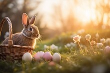 Pretty Easter Bunny Sitting In A Basket On A Meadow Of Green Grass In The Sunset Light Happy Easter Concept