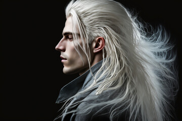 Wall Mural - Close-up profile portrait of a handsome young man with long white hair, wearing a blue jacket - copy space, isolated, black background