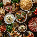 Fototapeta  - Table full of Italian meals Food. Mixed italian Dishes on table.