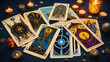 Tarot cards lie scattered and spread across a table top surrounded by candles and occult items.Generative AI