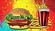 Wow pop art. Hamburger and fries, cola. Vector colorful background in pop art retro comic style. Fast food concept