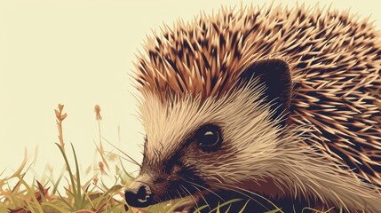 Sticker -  a close up of a hedgehog in a field of grass with grass and flowers in the foreground and a white sky in the background with only one hedgehog in the foreground.