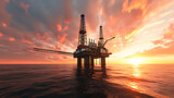 Fototapeta  - Uma vista panorâmica de uma plataforma de petróleo marítima contra um pôr do sol pitoresco mostrando a infraestrutura complexa envolvida na exploração de petróleo no mar