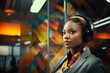 An African American woman wearing headphones, working in a call center, generative AI