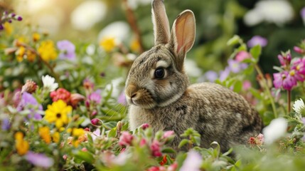  a close up of a rabbit in a field of flowers with a blurry background of the grass and flowers in the foreground is a blurry foreground.