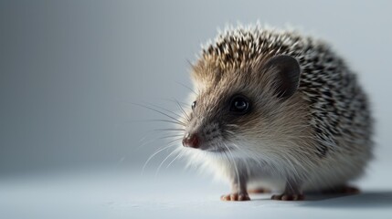 Poster -  a small hedgehog sitting on top of a white table next to a white wall and looking at the camera with a sad look on its face and whished eyes.