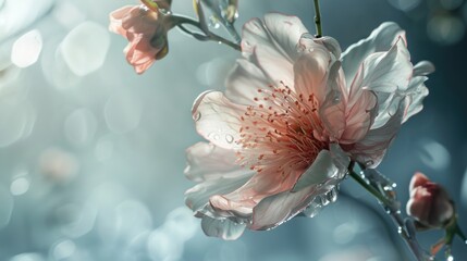  a close up of a flower on a branch with water droplets on the petals and in the foreground, a blurry background is shown in the foreground.