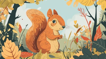 Poster -  a squirrel standing in the middle of a forest with lots of leaves on it's sides and a blue sky in the background with a few clouds and yellow leaves on the ground.