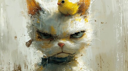 Sticker -  a painting of a cat with a bird on it's head and a yellow bird perched on top of the cat's head, on a white background.