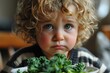 Healthy Eating Dilemma: The child's reluctance to embrace a plate of vegetables, portraying the challenges in promoting nutritious meals and the difficulties associated with instilling healthy habits