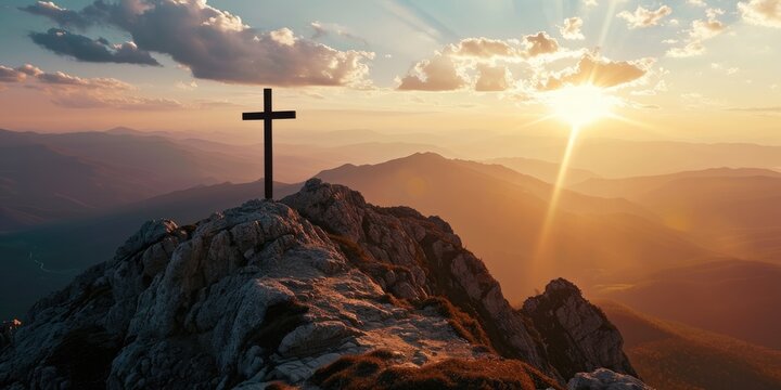 divine sunset: a breathtaking image captures a mountain with a cross atop at sunset, symbolizing the