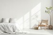 © Enigma - A bright and airy bedroom scene with an unmade white bed, a woven chair, and a potted tree creating a peaceful atmosphere.