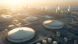 Um vasto parque de tanques de armazenamento em um complexo industrial armazenando produtos químicos e líquidos utilizados em vários processos industriais