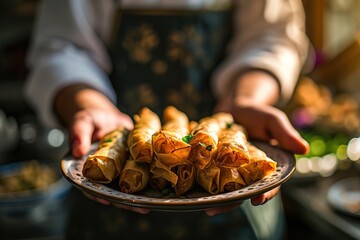 Wall Mural - China Icon: A Wide-Angle Shot of a Chef Holding Chun Juan Spring Rolls with an Iconic Chinese Blurred Background - A Culinary Delight.

