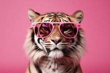 Tiger Portrait With Pink Glasses. Banner With White Background. Peach Fuzz