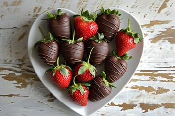 Poster - A heart shaped plate with chocolate covered strawberries viewed from above