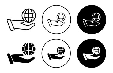 Poster - Save the world vector icon or symbol set.  environment friendly global earth planet in safe hand palm clipart. sustainable world peace outline vector illustration 