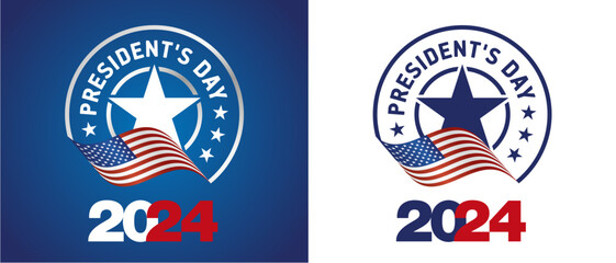 Wall Mural - USA Presidents Day 2024. USA flag. 2024 USA star with american flag colors and symbols emblem logo on blue and white background