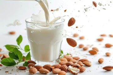 Almond milk being poured with almond nuts on white background