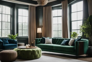 Luxury and modern home interior with design green sofa navy commode tables pouf and accessories