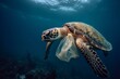 Ocean plastic pollution: turtle consuming plastic bag, environmental issue. Generative AI