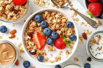 Sticker - Granola breakfast with fruits nuts milk and peanut butter in a bowl