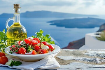 Greek summer concept Olive oil tomato Greek salad displayed with a stunning view of the Aegean Sea