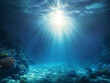underwater view of a reef with fishes, Underwater Sea - Deep Water Abyss With Blue Sun light
