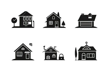 Fototapete - A detailed illustration of a cluster of black houses with charming windows, evoking a sense of community and cozy simplicity