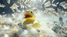 A Cartoon Yellow Duck Bathes In The Foam Of Money, Cash.