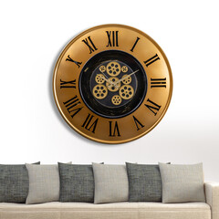 A large round indoor clock on the wall. Big clock on metal rack