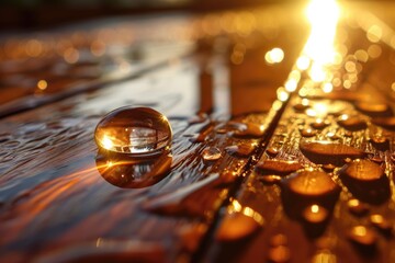 Wall Mural - Water droplet and its reflection on laminate flooring