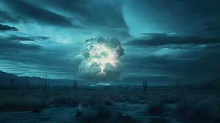 Wall Mural - mushroom cloud in post apocalyptic nuclear disaster future background. (generative ai).