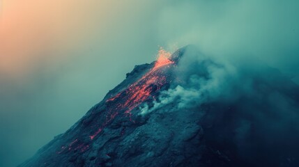 Poster - A large mountain with a lot of smoke coming out, AI