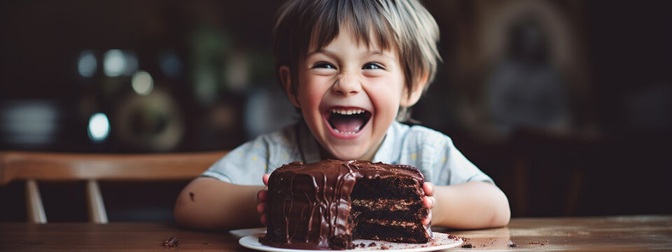 happy child eats chocolate cake.