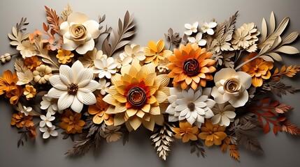 Wall Mural - Autumn floral composition. Frame made of fresh flowers on white background. Autumn, fall concept. Flat lay, top view, copy space : Generative AI