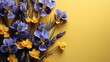 Blue iris flowers on yellow and blue background. Top view, flat lay. : Generative AI