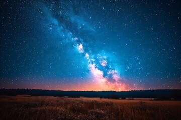 Leinwandbilder - Blue dark night sky with many stars above field of trees. Yellowstone park. Milkyway cosmos background : Generative AI